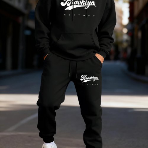 Zestaw Bluza z Kapturem i Spodnie Dresowe Męskie Brooklyn Victory - Polar, Kieszenie, Jesień Zima Casual Sport