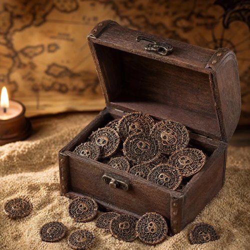 10/50 chiếc xu vàng cướp biển hình đầu lâu xương chéo phong cách La Mã cho rương kho báu, tiệc Halloween và săn kho báu