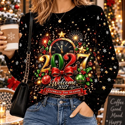 Damen Langarmshirt Rundhals mit 2027 Happy New Year Druck, lässiges Party- und Freizeit-Oberteil