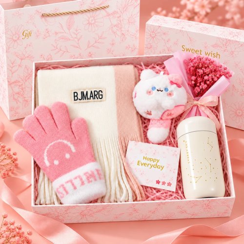Bộ quà tặng mùa đông cho sinh nhật, kỷ niệm, Giáng sinh & Valentine: khăn quàng, găng tay, bình giữ nhiệt, bó hoa và móc khóa thú bông