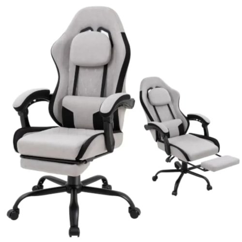 Silla gamer ergonómica para adultos – tela gris, reposapiés, cojín de resortes pocket, soporte lumbar y respaldo alto reclinable