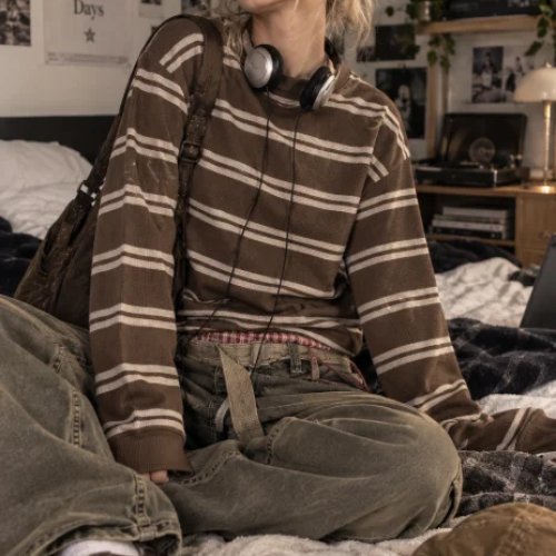 Áo Thun Unisex Vintage Sọc Nâu Be Len Waffle Tay Dài Cổ Tròn Rộng Retro Đôi Basic