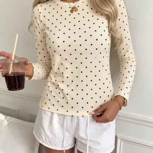 Camiseta Mujer Manga Larga Lunares Cuello Redondo Básica Casual Primavera Otoño Elegante
