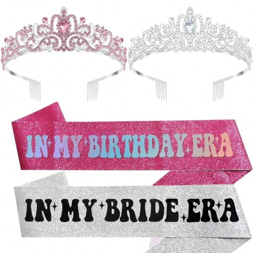 Set 1/2 pièces écharpe et diadème d’anniversaire « My Birthday Era », film holographique argent, noir et rose vif, accessoire de fête pour femme