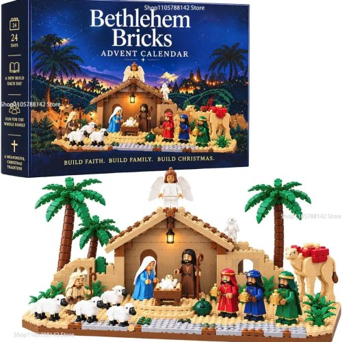 Bethlehem Bricks Kalender Advent 24 Hari 2026 – Set Brick Kelahiran Yesus dengan 24 Kompartemen Harian, Mainan Susun DIY untuk Pohon Natal