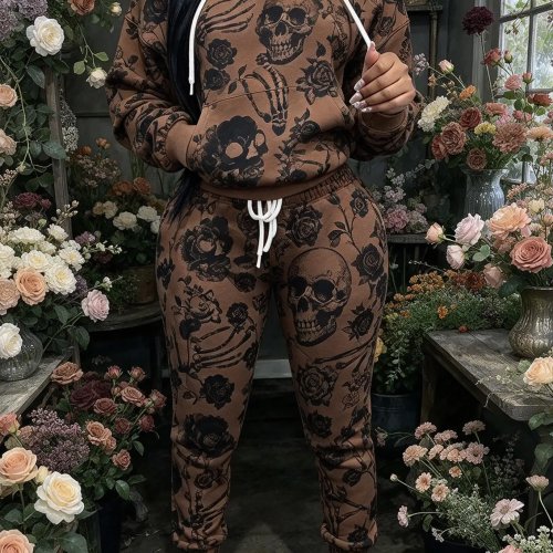 Halloween Women's Skull Rose All-Over Print Hooded Tracksuit 2-Piece Set, Gothic Floral Sweatshirt & Jogger Pants