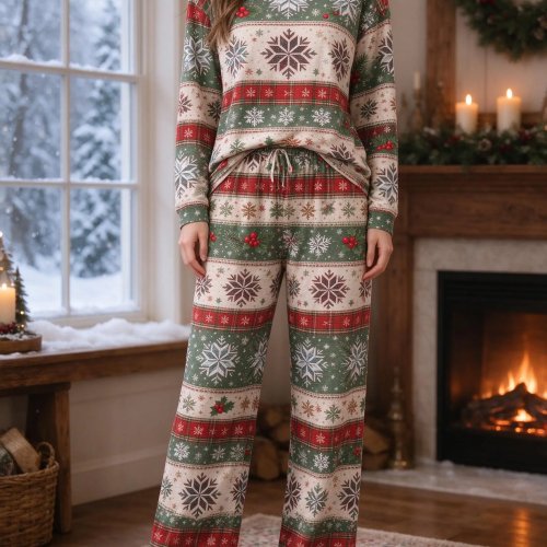 Zestaw Piżamy dla Kobiet z Imitacji Bawełny, Świąteczny Fair Isle Płatki Śniegu i Paski, Okrągły Dekolt, Długi Rękaw, 2 Części, Odzież Nocna i Loungewear
