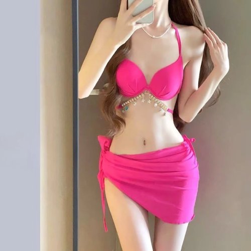 Conjunto de biquíni com aros para mulher, sexy triângulo, fato de banho com alças, 3 peças, roupa de praia para férias em resort