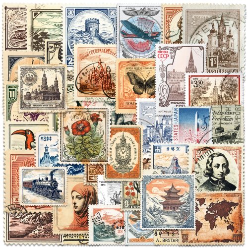 50 vintage nep-stempelstickers voor scrapbooken, junk journal, waterflessen, laptops, telefoons, Kindles en kaarten maken