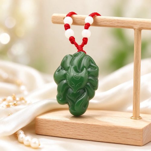 Halsketting met vos-hanger van natuurlijk groen jade, gesneden Guanyin-amulet, vintage trui-ketting, gelukscadeau