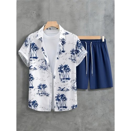Conjunto de camisa de manga corta casual para hombre con diseño 3D para vacaciones y playa