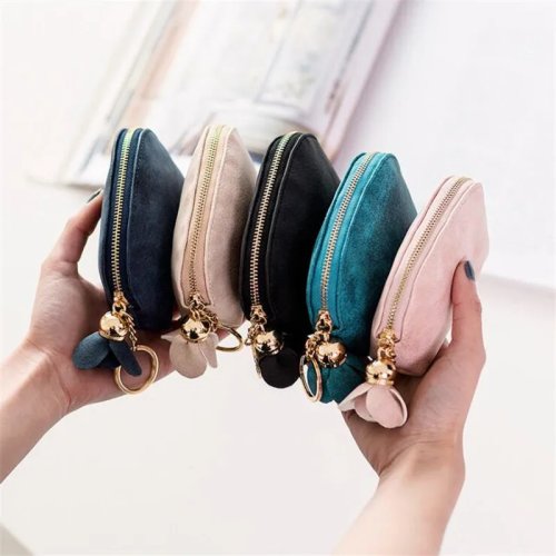 Mini damesportemonnee van PU-leer – kaart- en sleutelhouder, rits muntportemonnee, clutch met bloemhanger, klein handtasje