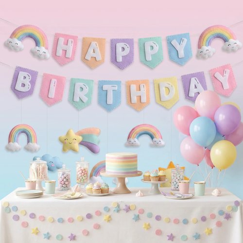 Guirlanda espiral suspensa 2D em feltro com arco-íris, nuvens e estrelas – Decoração para 1.º aniversário e baby shower