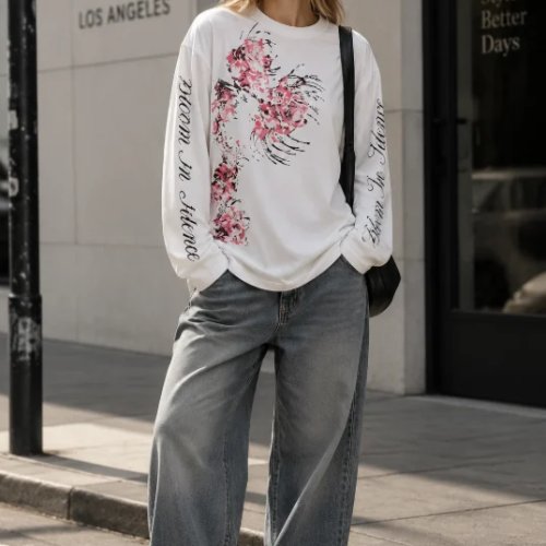 Playera de manga larga cuello redondo con estampado floral, estilo retro streetwear, top casual holgado, unisex para pareja