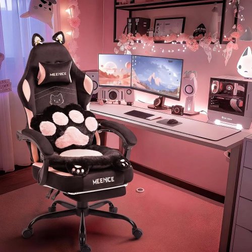 Kursi Gaming Ergonomis Lucu dengan Telinga Kucing, Bantalan Cakar & Lumbar, Kursi PC Reclining untuk Dewasa hingga 136 kg