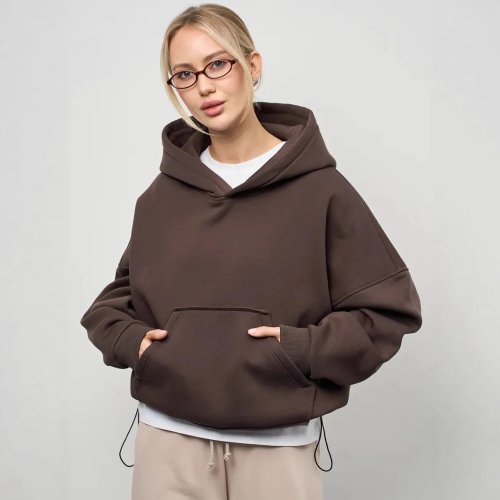 Bluza damska z kapturem casual jednolita krótka z długim rękawem i kieszeniami