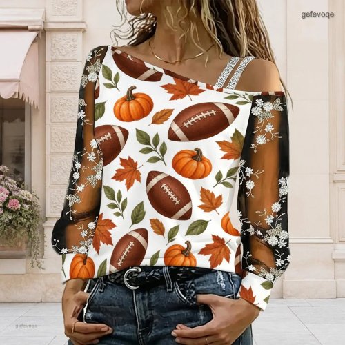 Damen Langarm Top mit Football-Kürbis-Ahornblatt-Print, asymmetrisch, schulterfrei
