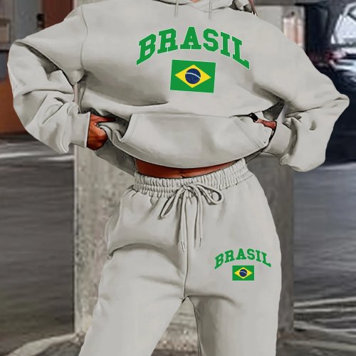 Conjunto Sudadera con Capucha + Pantalón Deportivo Mujer Otoño Invierno Casual Estampado BRASIL Felpa Grueso Cálido