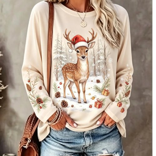 Women's Long Sleeve Christmas T-Shirt - Spotted Deer, Santa Hat, Snow Forest & Pinecone Print, Crew Neck Casual Top