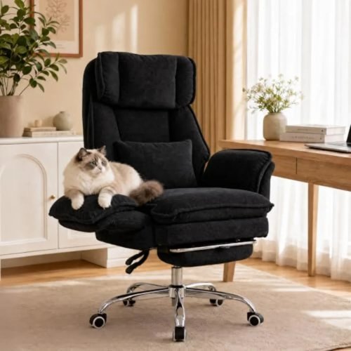 Silla de oficina ergonómica con descansabrazos abatibles, reposapiés, soporte lumbar y patas metálicas cruzadas, silla de escritorio reclinable de malla negra