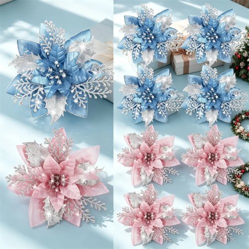 6/12 Stk. Weihnachtsbaum-Anhänger 14 cm, künstliche Poinsettien mit Glitzer in Pink & Blau und Clips für Baum- und Kranzdeko