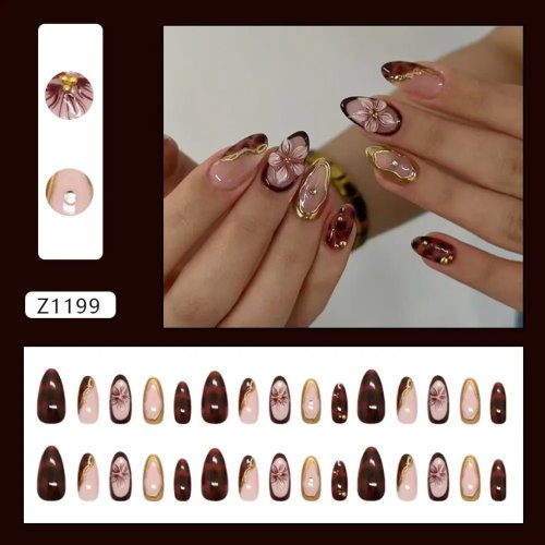 Long Almond Shaped False Nails with French Gilded Flower & Tomato Design, Aurora Finish, Detachable Nail Tips for DIY Manicure