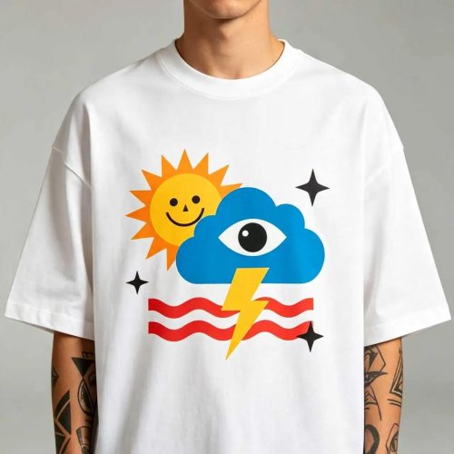 Unisex Retro Cartoon Graphic T-Shirt Sun Cloud Lightning Eye Colorful Aesthetic Oversized Cotton Tee for Men Women
