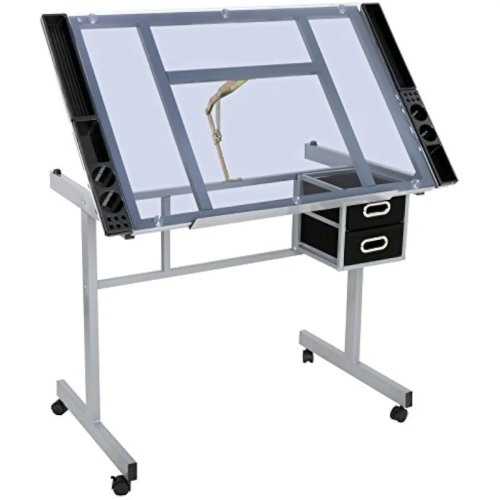 Mesa de dibujo de cristal templado con superficie inclinable, estructura de hierro, 2 cajones y ruedas con freno