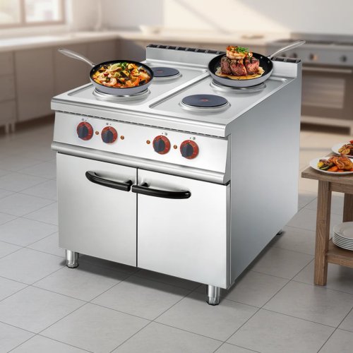 Estufa Eléctrica Comercial de 4 Placas, Acero Inoxidable, con Horno y Gabinete, para Restaurantes y Catering, 1000-3000W Ajustable