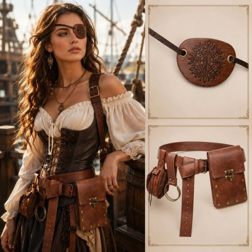 Set de cinturón retro medieval, bolsa, antifaz y ganchos para frasco – Accesorios para disfraz renacentista de Halloween