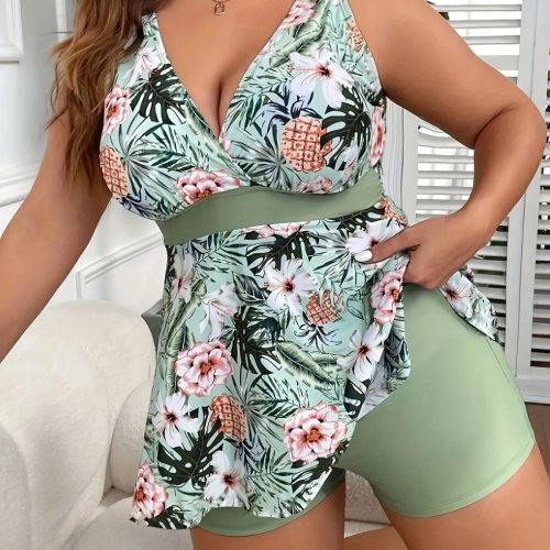 Kostium kąpielowy damski bikini tankini o wysokim stanie, dekolt V, wyszczuplający brzuch, dwuczęściowy z kopertowym przodem i regulowanymi ramiączkami