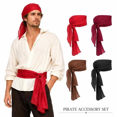 Set de Accesorios Cosplay Medieval Renacentista – Pañuelo de Cabeza Pirata, Bufanda y Fajín Largo de Cintura para Fiesta de Halloween y Juego de Rol