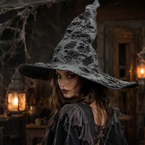 Cappello da strega appuntito Halloween effetto usurato – Cappello da stregone gotico grigio e nero, copricapo cosplay dark per festa in maschera