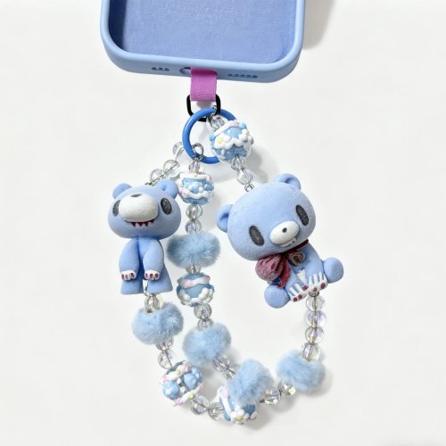 Cute Light Blue Bear Phone Charm Strap with Crystal Beads & Fluffy Pom-Poms – Sweet Phone Decoration Accessory