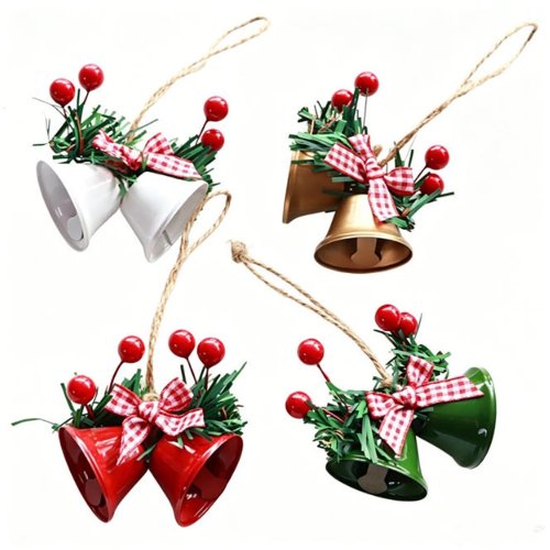 Adorno colgante de campanas navideñas con bayas rojas, moño de pino y detalles dorados – decoración rústica para árbol de Navidad, regalo