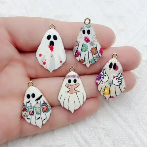 10 Stk. Halloween Gothic Anhänger „Süßes Gespenst“ aus bedruckter Legierung für DIY Ohrringe, Halskette, Schlüsselanhänger