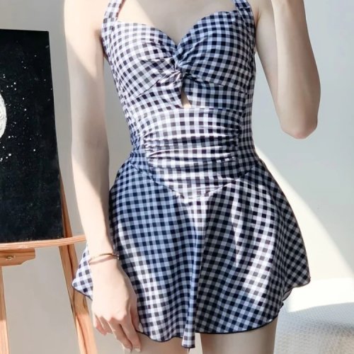 Maillot de bain femme une pièce sexy imprimé carreaux avec jupe ventre plat