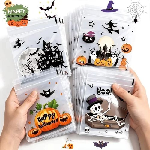 100 stuks kleine Halloween-snoepzakjes, transparante zelfklevende plastic zakjes voor snoep en koekjes, voor trick or treat