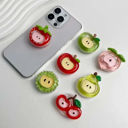 5 soportes para celular de frutas, resina manzana roja, grip plegable, decoración creativa