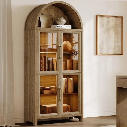 74-Inch Tall Arched Bookcase Display Cabinet with Glass Doors and LED Light