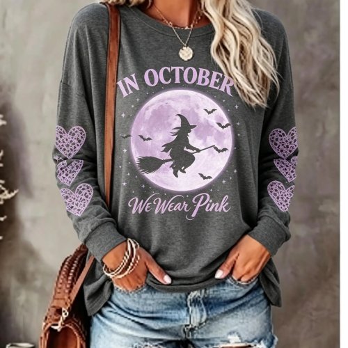 T-shirt de manga comprida de Halloween para mulher - In October We Wear Pink, estampa de bruxa, lua e morcego, decote redondo