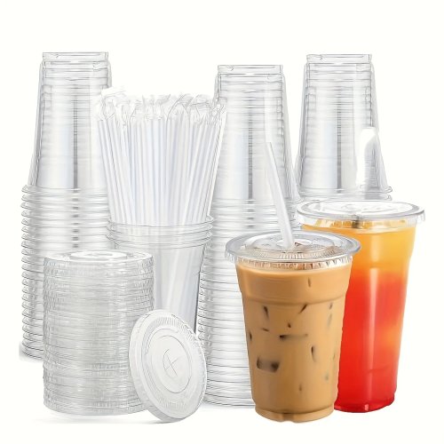 Vaso de plástico transparente reutilizable con tapa plana y popote para café helado, helado, fiestas y camping
