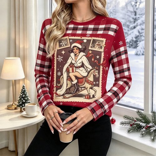 レディース 長袖 Tシャツ クリスマス チェック柄 ヴィンテージ グラフィック プルオーバー