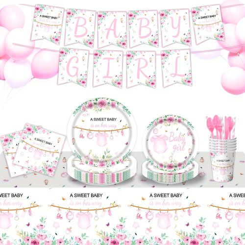 Set per Baby Shower Bambina, Kit Stoviglie Monouso Floreale Rosa, Bandierina Piatti Bicchieri Tovaglioli Posate per Bambina Benvenuta