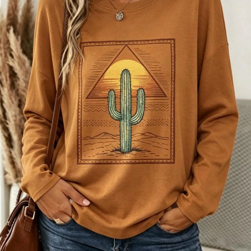 Sudadera de Manga Larga para Mujer Cuello Redondo Estampado Cactus Desierto Atardecer Moda Otoño Casual
