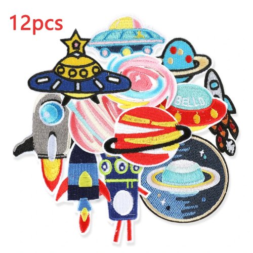 12개 세트 다림질 접착 자수 와펜 – 우주 별 UFO 남아 아동복 DIY