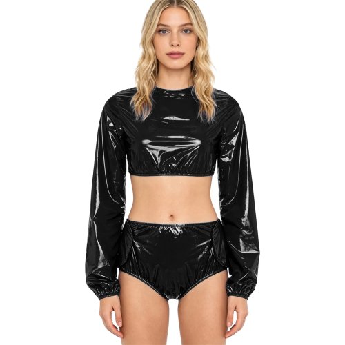 Bộ Đồ Nữ Chống Nước Nhựa Vinyl Thích Ứng: Áo Crop Top Tay Dài và Quần Đùi Bọc Tã Cài Ngang - Đồ Ngủ, Đồ Thể Thao, Đồ Bơi