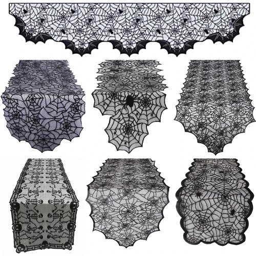 Chemin de table Halloween en dentelle noire motif toile d'araignée et cache-cheminée, déco de fête maison