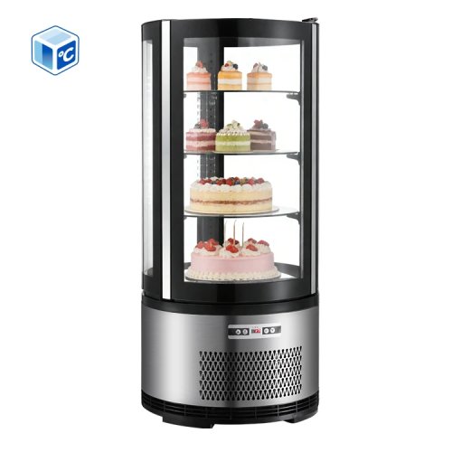 480x480x1030mm Rotating Upright Cake Display Refrigerator, Fan Cooling R600a, 3-Shelf LED Commercial Display Case for Bakery Cafe Supermarket