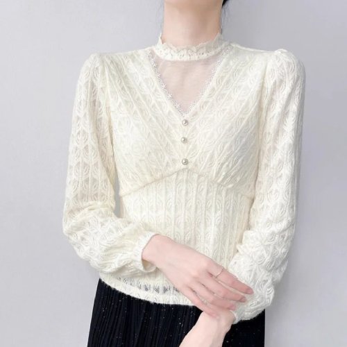 Áo thun nữ ren mềm ấm, ghép lưới, cổ tròn, áo pullover basic co giãn
